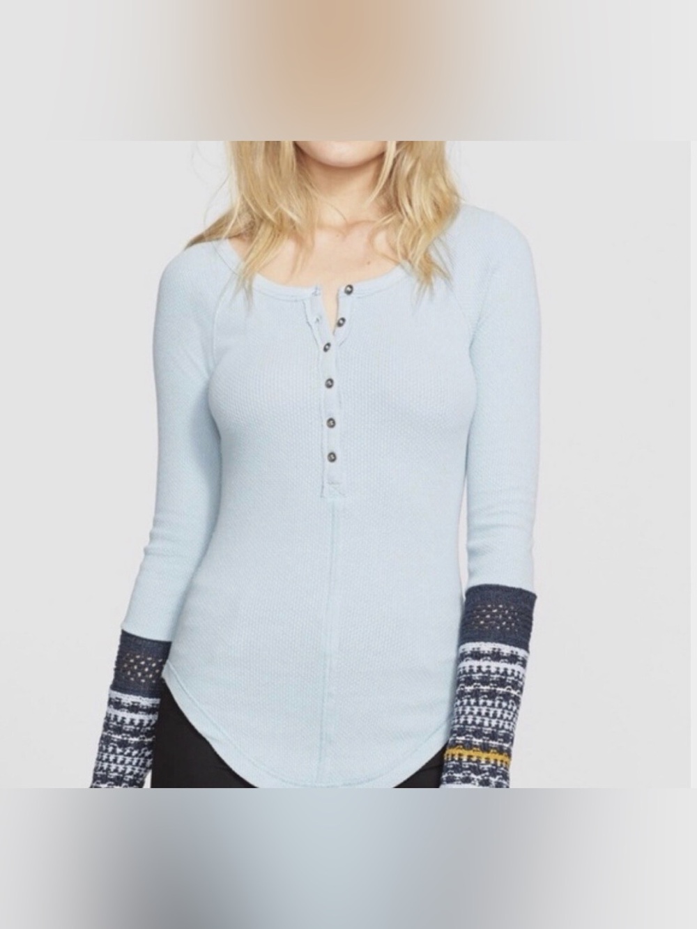 Free People light blue ski lodge Newbie crochet cuffs thermal Shirt Size Large